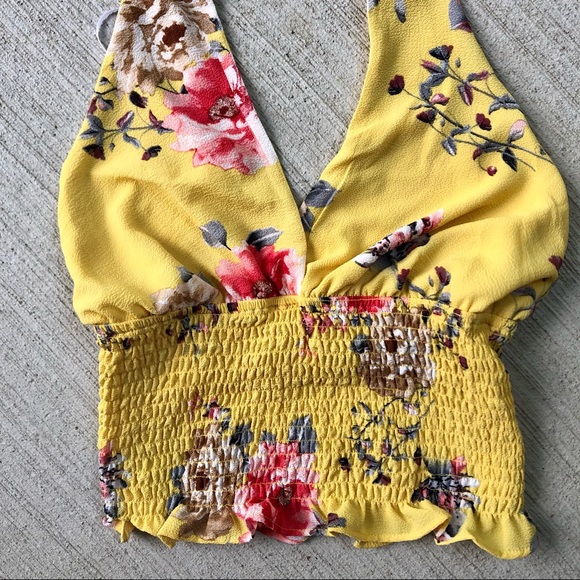 Love Tree small yellow summer top halter tie with lining and floral print - Picture 2 of 16
